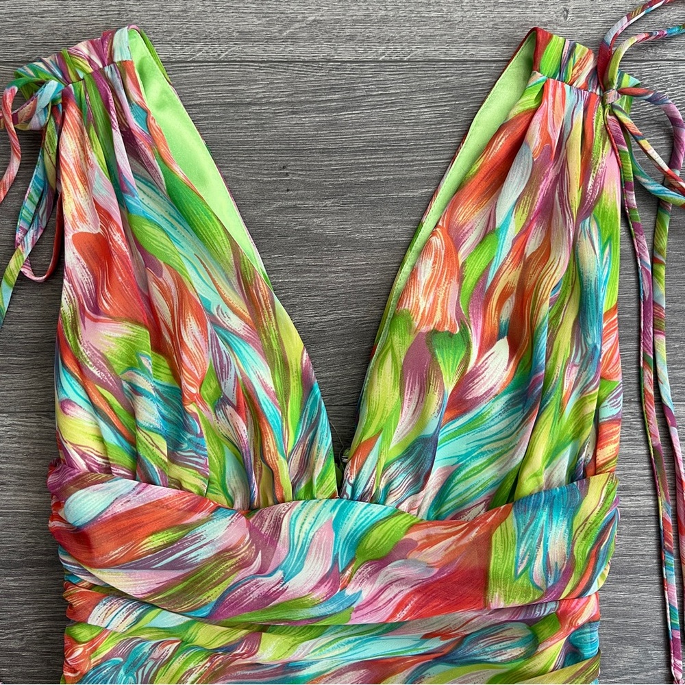 VTG ABS Allen Shwartz Fit & Flare Dress Size 2 Colorful Floral Ruched Fairy 80s - Picture 3 of 11